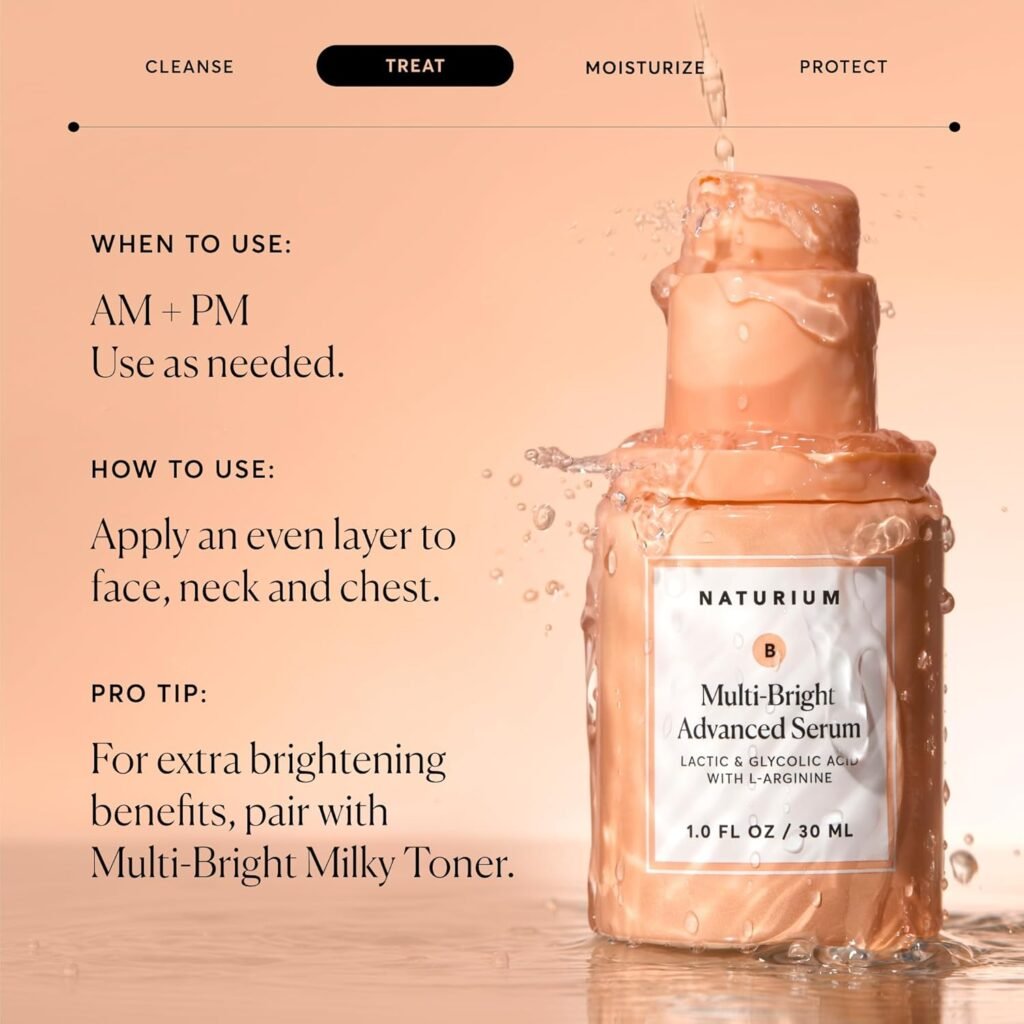 naturium multi bright advanced serum, exfoliating skincare for radiant glow with l arginine, lactic & glycolic acid, 30 ml / 1.0 fl oz