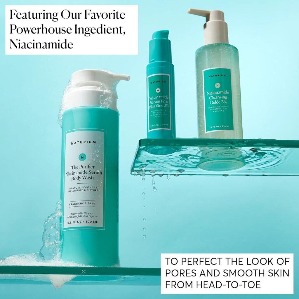 naturium the purifier niacinamide serum body wash, cleansing & hydrating gel serum, dermatologist tested, paraben & cruelty free, 16.9 oz